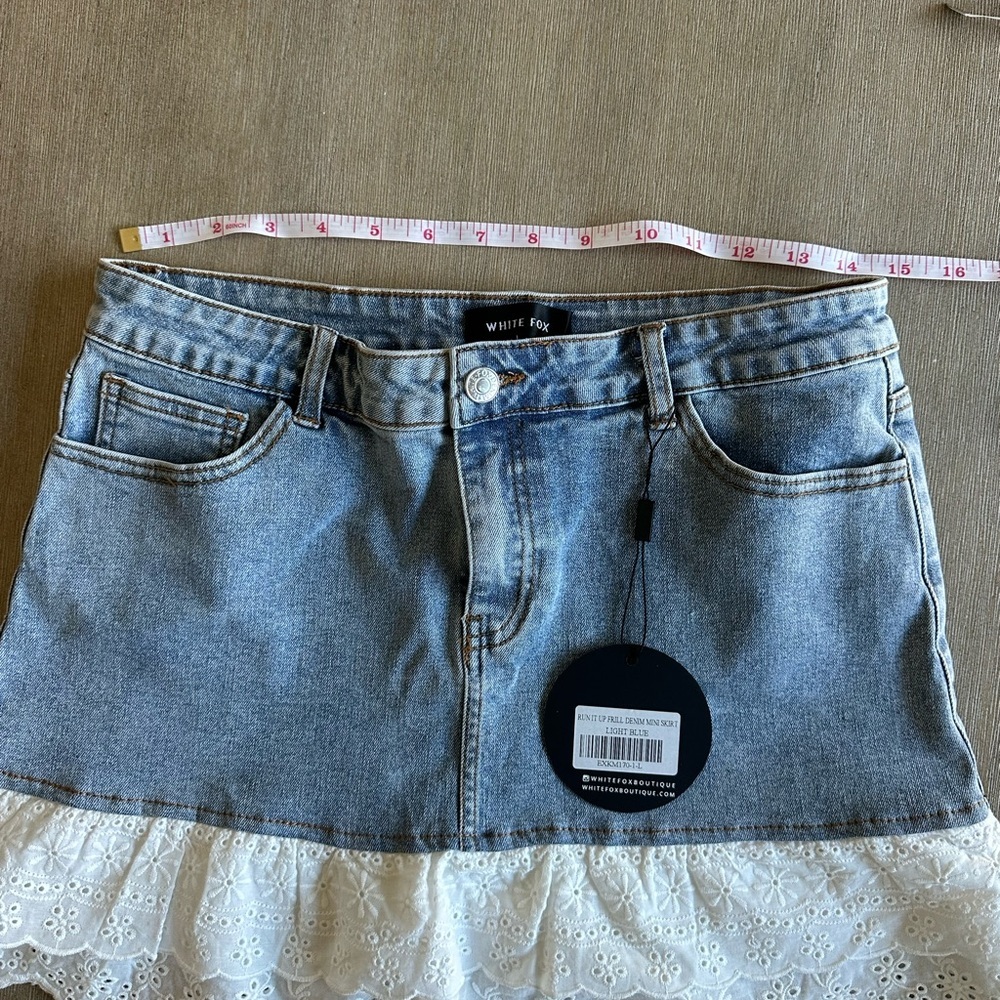 White Fox Boutique Denim Skirt with Lace Trim - Picture 4 of 6